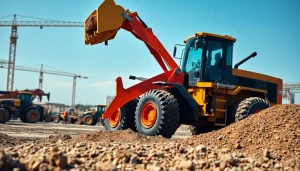 Rent wheel loaders in action at a construction site, showcasing their robust features and functionality.