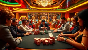 MM88 casino scene with players enjoying poker, vibrant atmosphere, and luxurious elements