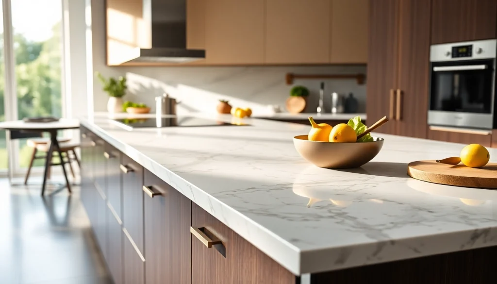Showcasing Quartz Worktops in a modern kitchen environment with elegant details and vibrant lighting.