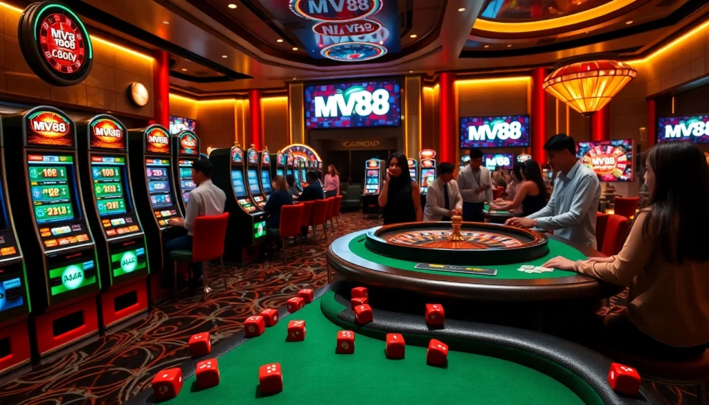 Players enjoying various games at MV88 casino, featuring poker tables and slot machines.