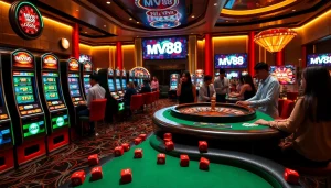 Players enjoying various games at MV88 casino, featuring poker tables and slot machines.