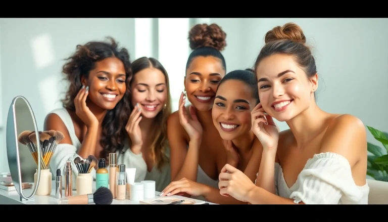 Women testing cc cream for oily skin at a bright vanity.