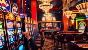 Slot online machines illuminate a lively casino scene with excited players spinning for wins.