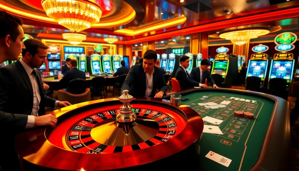FEBET casino scene featuring a roulette wheel and poker table immersed in vibrant colors and luxury.