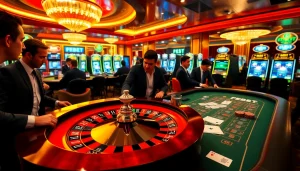 FEBET casino scene featuring a roulette wheel and poker table immersed in vibrant colors and luxury.