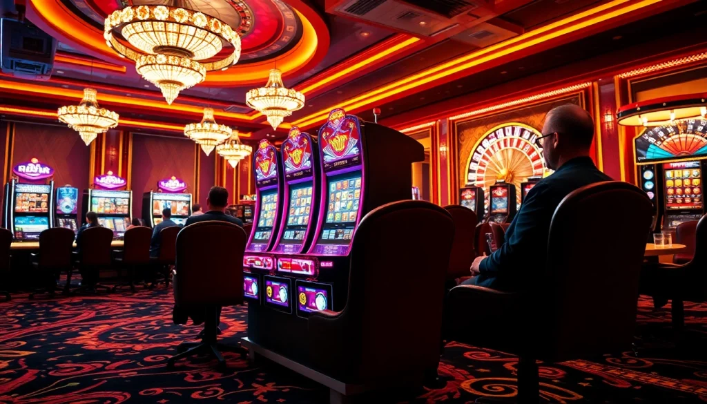 Players enjoying thrilling gameplay at a slot online apiraja88 machine in a luxury casino.