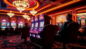 Players enjoying thrilling gameplay at a slot online apiraja88 machine in a luxury casino.