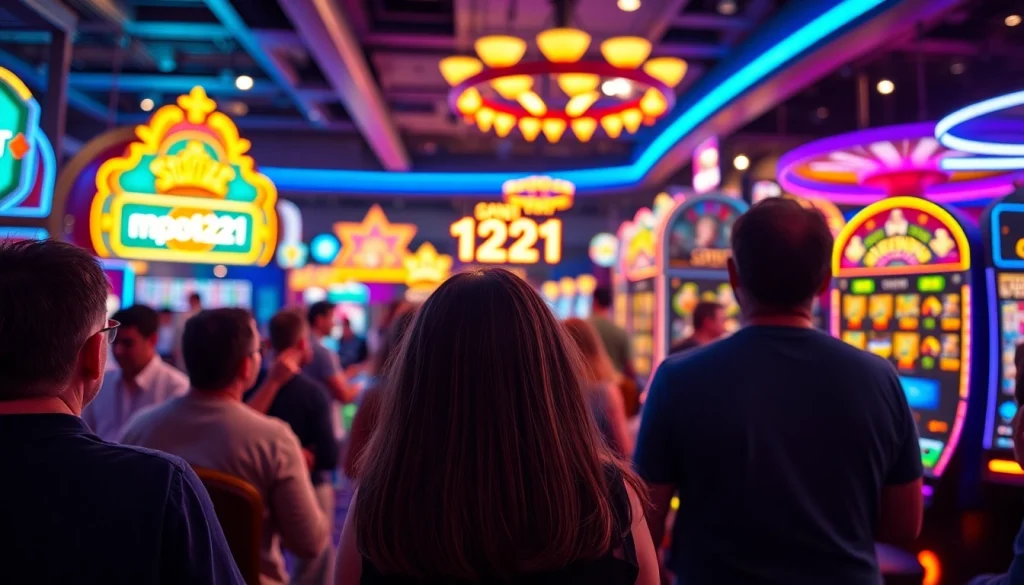 Permainan digital mpo1221 yang memukau dengan mesin slot dan suasana kasino yang cerah.