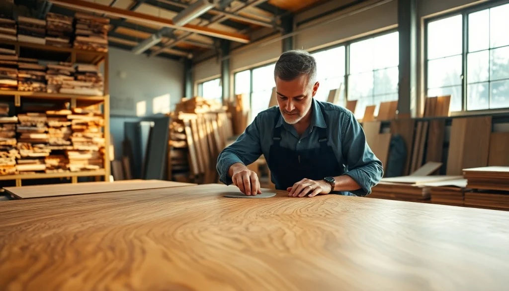 Craftsman working with wood veneer, showcasing intricate craftsmanship in a bright workshop.