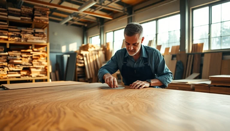 Craftsman working with wood veneer, showcasing intricate craftsmanship in a bright workshop.