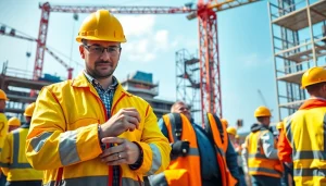 Promoting construction site safety through diligent workers wearing safety gear on a lively job site.