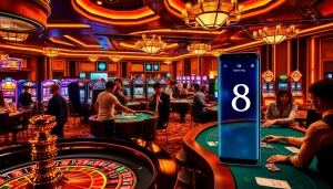 Players engaging in thrilling S8 casino games with vibrant poker tables and roulette wheels, showcasing excitement.