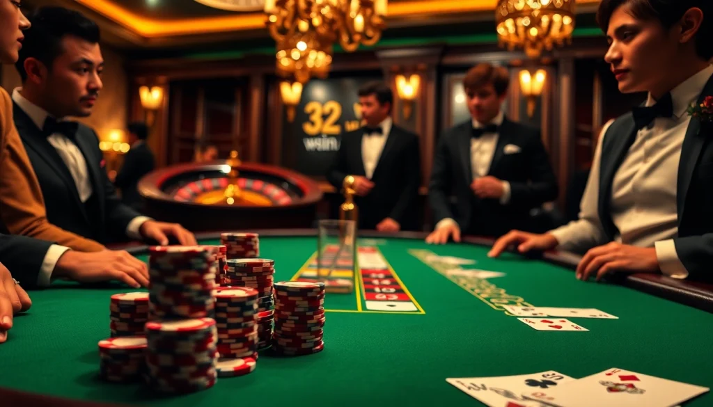 Experience high-stakes poker at https://32win.luxury/ with vibrant chips and cards in a luxurious casino.
