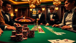Experience high-stakes poker at https://32win.luxury/ with vibrant chips and cards in a luxurious casino.