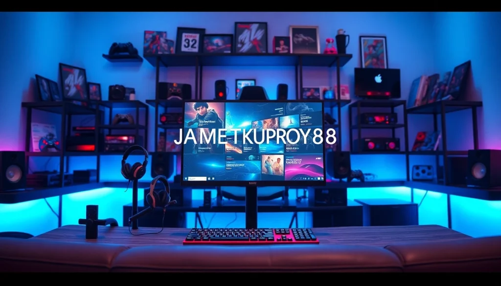 Dynamic gaming setup with JAMETKUPROY88 displayed on screen, featuring a stylish gaming monitor and accessories.