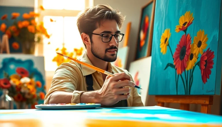 Artist creating vibrant art, depicting creativity and passion through laoutaris.