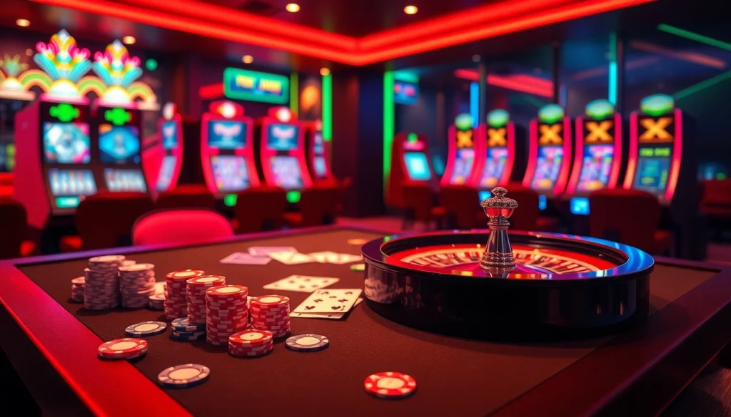 Engaging scene depicting Nhà cái S8's vibrant online casino experience with poker chips, cards, and roulette.
