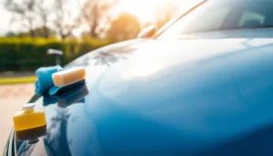 Experience the best car detailing Chattanooga TN on a shiny vehicle surrounded by premium products.