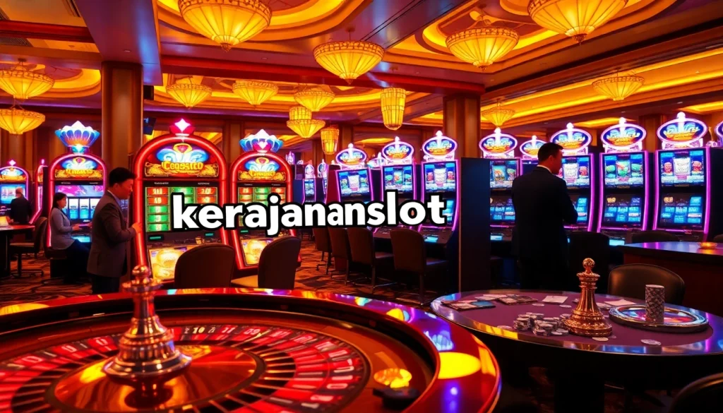 Players enjoying vibrant kerajaanslot machines at a luxurious casino floor scene.