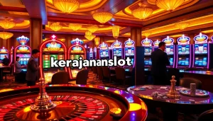 Players enjoying vibrant kerajaanslot machines at a luxurious casino floor scene.