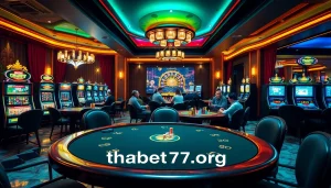 Experience the thrill of gaming at thabet77.org with professional players at a luxurious casino table.
