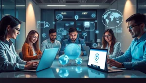 快连下载 VPN service showcased in a modern workspace with tech-savvy professionals.