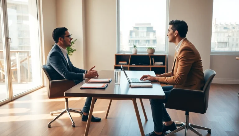 Find a skilled business coach near me collaborating with a client in a modern office.