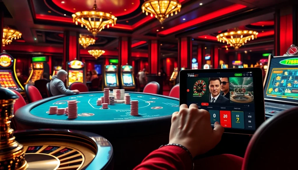 Players engage in a thrilling poker game at 789bet, surrounded by vibrant casino elements.
