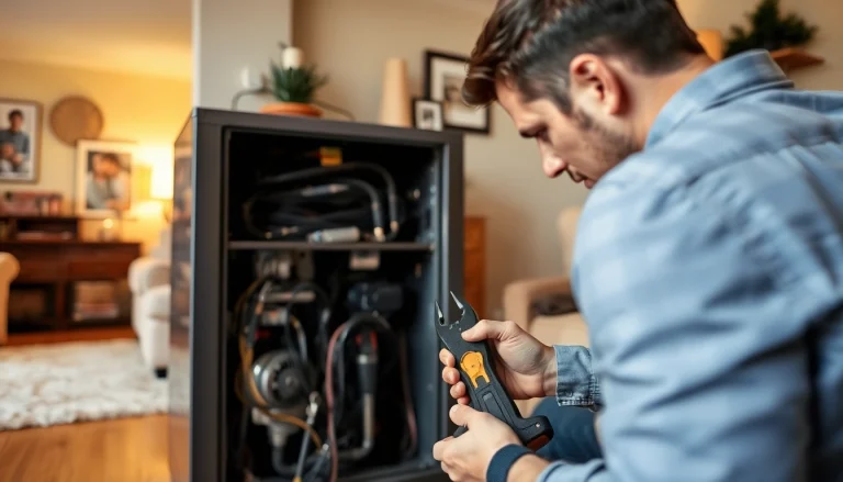 Heating repair Bedford NY technician servicing a modern heating unit in a cozy living room.