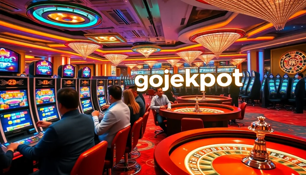 Engaged players winning at slot machines with the gojekpot theme in a luxurious casino.
