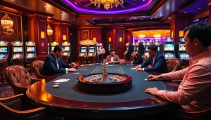 K9K9 gaming scene showcasing a vibrant casino atmosphere with poker chips and cards.