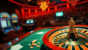 Experience thrilling kết quả bóng đá in a luxurious casino environment with live betting tables and vibrant colors.