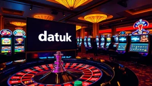Suasana kasino yang mendebarkan menampilkan meja roulette datukwin dengan warna-warna cerah dan taruhan tinggi.