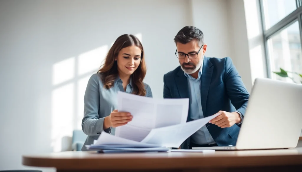 Analyze taxes information with a professional consultant in a modern office setting.