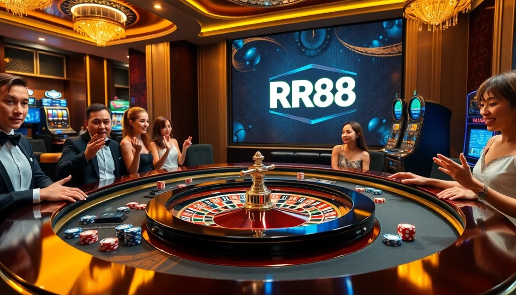Experience the thrill of RR88 with a luxurious casino scene featuring a roulette table and vibrant chips.