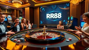 Experience the thrill of RR88 with a luxurious casino scene featuring a roulette table and vibrant chips.