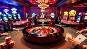 Gambling scene showing BDJL poker chips and a roulette wheel in an upscale casino.