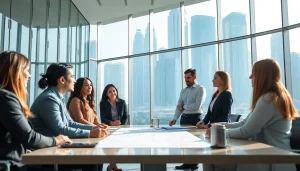 Consultants at a business setup company Dubai discussing plans in a modern office.