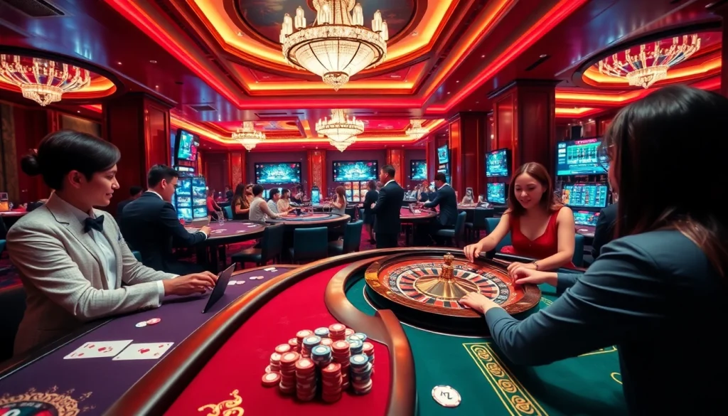 Players enjoy a thrilling game of NK88 at a luxurious casino table with colorful chips.