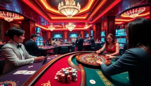 Players enjoy a thrilling game of NK88 at a luxurious casino table with colorful chips.