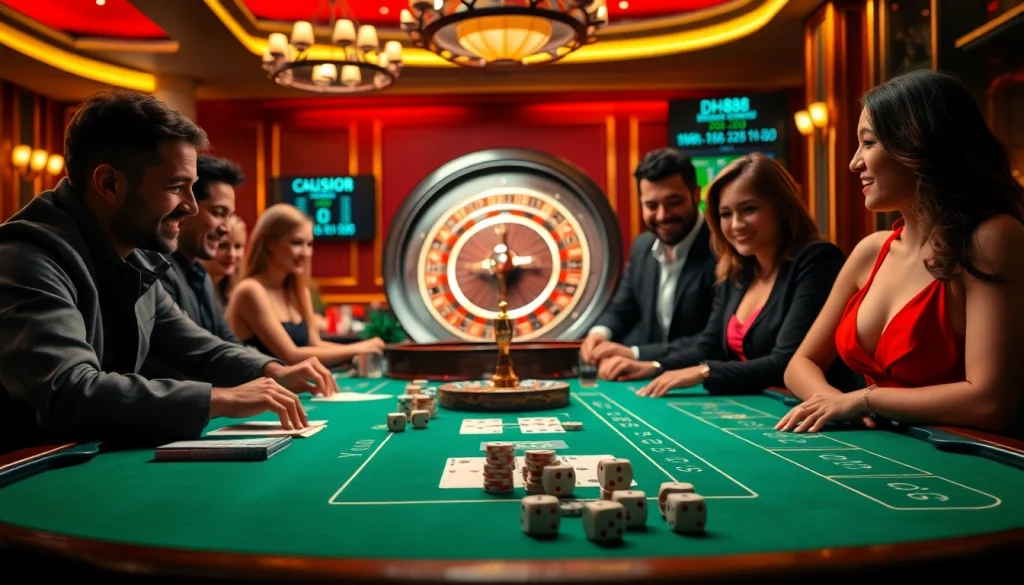 Dynamic scene of Hướng dẫn DH88 showcasing a luxury casino environment, with tables, cards, and players engaged in thrilling games.