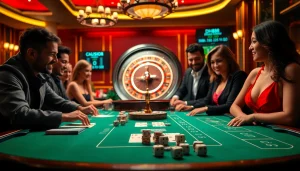 Dynamic scene of Hướng dẫn DH88 showcasing a luxury casino environment, with tables, cards, and players engaged in thrilling games.