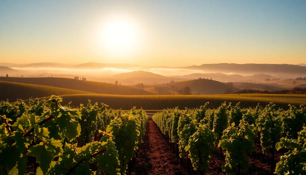 Scenic view of Clarksburg CA with vineyards during golden hour showcasing natural beauty.