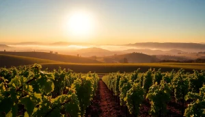 Scenic view of Clarksburg CA with vineyards during golden hour showcasing natural beauty.