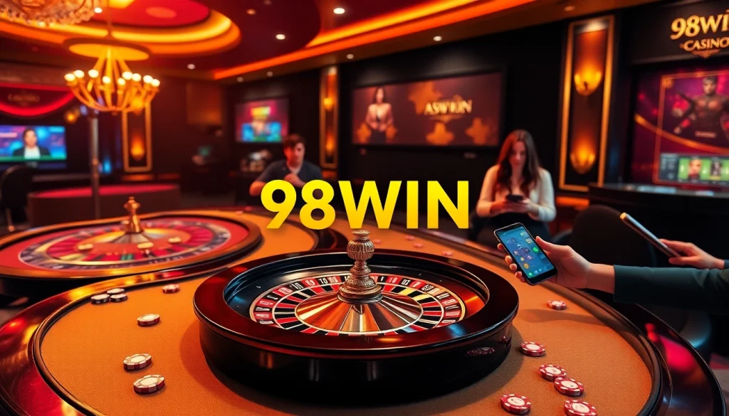 Exciting gameplay at 98WIN casino with luxurious casino tables and engaging players.