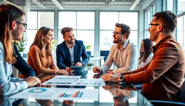 Highlighting founder leadership insights through a collaborative office scene with a diverse team.