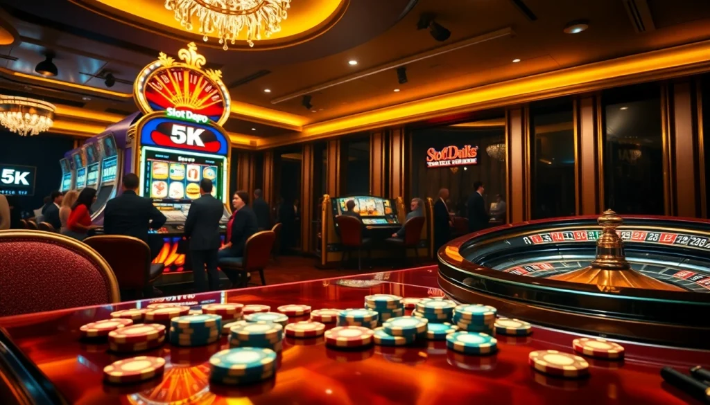 Players enjoying the slot depo 5k gaming experience with vibrant machines and casino excitement.