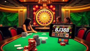 BJ388 poker table scene with vibrant chips and cards creating an exciting gambling atmosphere.
