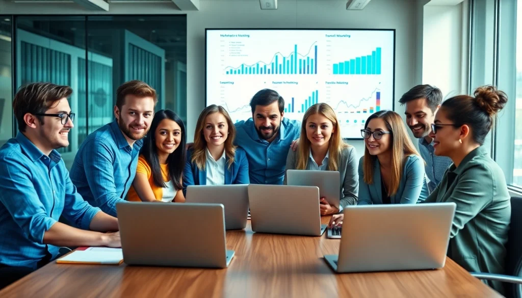 Engaged digital marketing professionals strategizing in a bright, modern office environment.