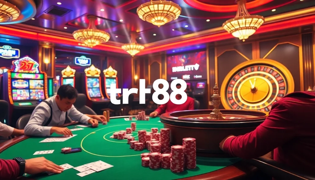 Experience the thrill of strategic betting at TR88, a premier casino environment with poker tables and vibrant slot machines.
